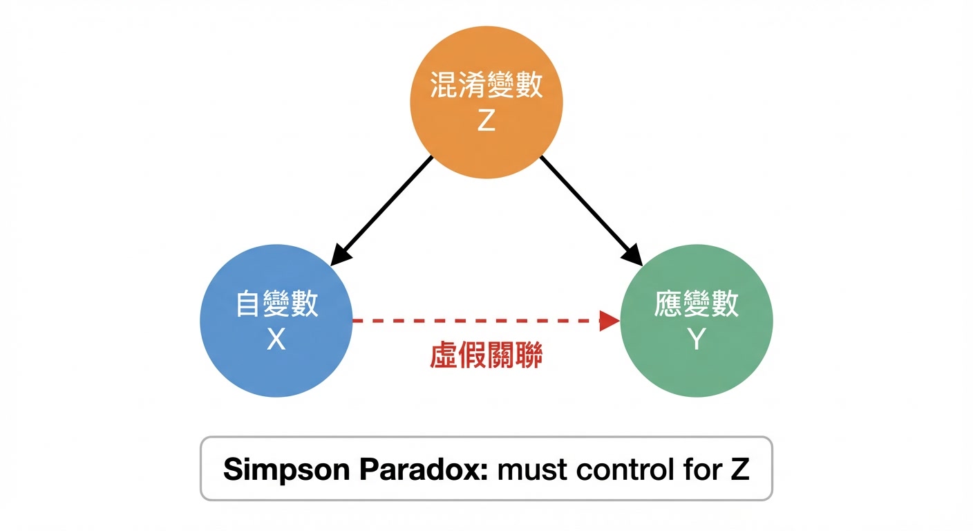 混淆變數因果圖：第三方變數同時影響 X 和 Y
